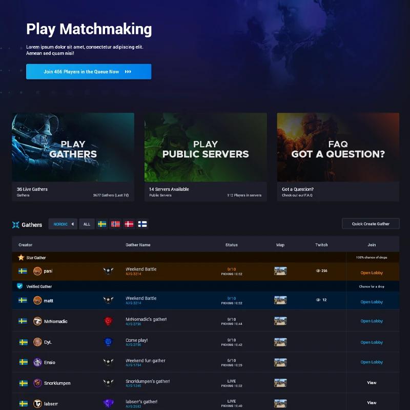 Original Esportal matchmaking and gathers interface